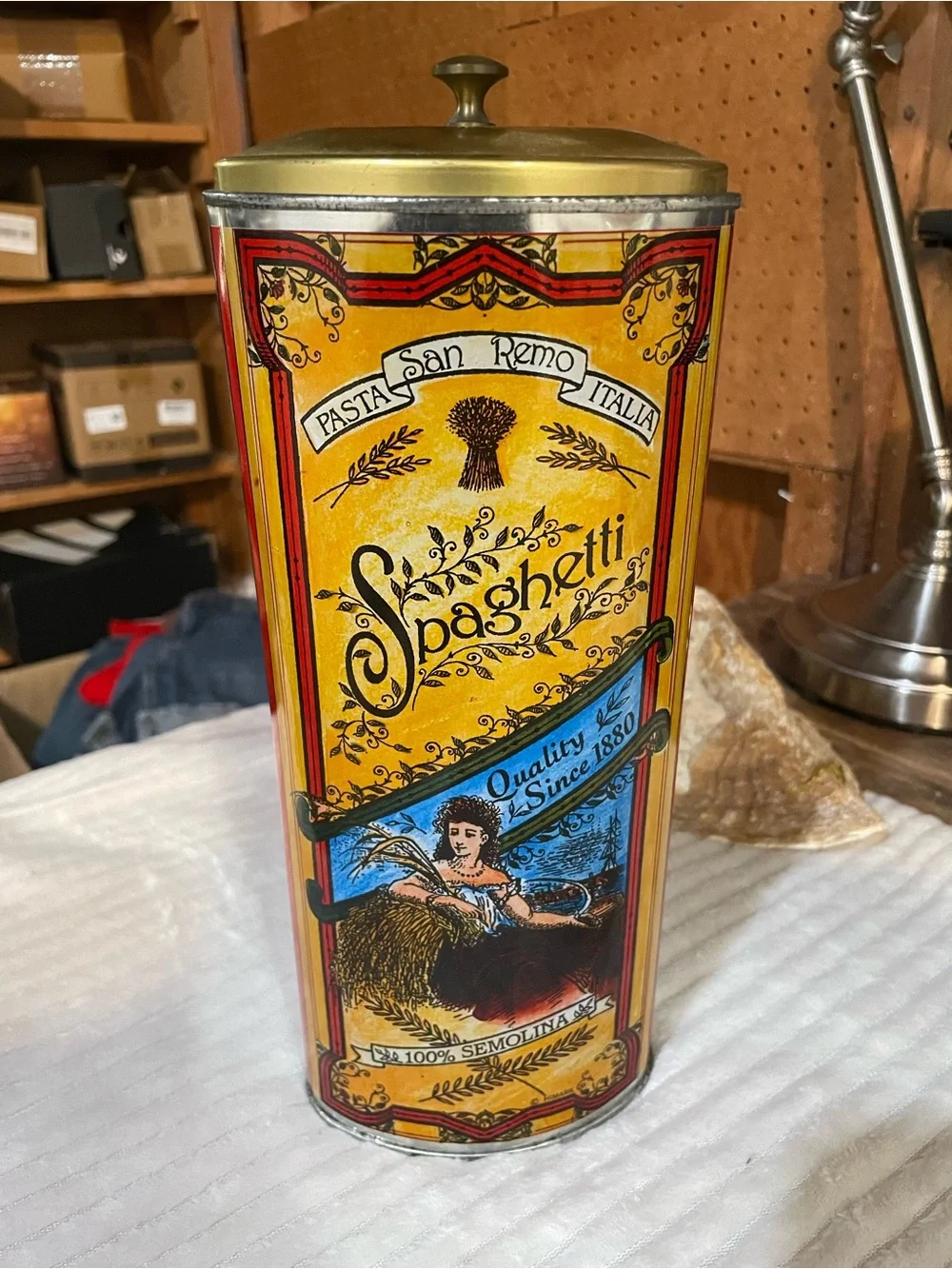 Vintage PastaTIN LITHO Metal Can SAN REMO Spaghetti Semolina Advertising 11.5”